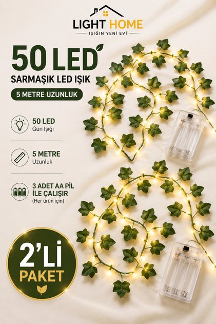 2 Adet Yapay Sarmaşık Led Işık Dekoratif Peri Led Işıklı Sarmaşık Bahçe Balkon Oda Duvar Süsü – Her Biri 5 Metre 50 LED