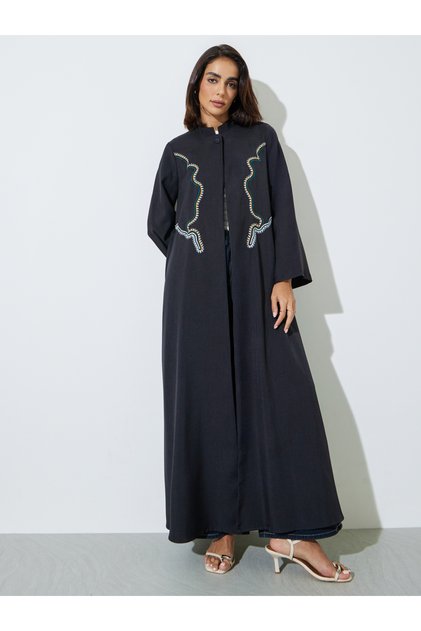 Black Embroidered Stand Collar Abaya