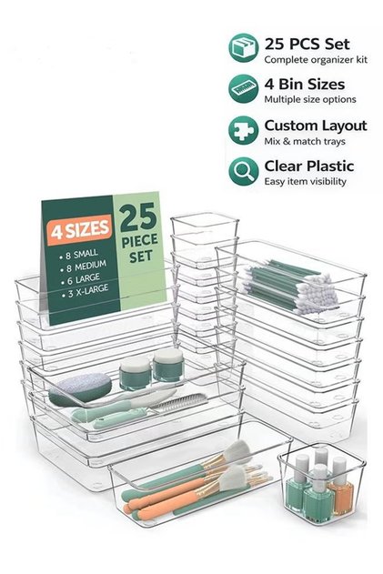 25-Piece Clear Drawer Organizer Tray Set – Stackable Storage Bins with Non-Slip Pads