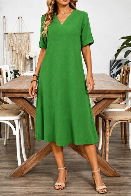 Women's Short Sleeve V-Neck Wrinkled Midi Dress