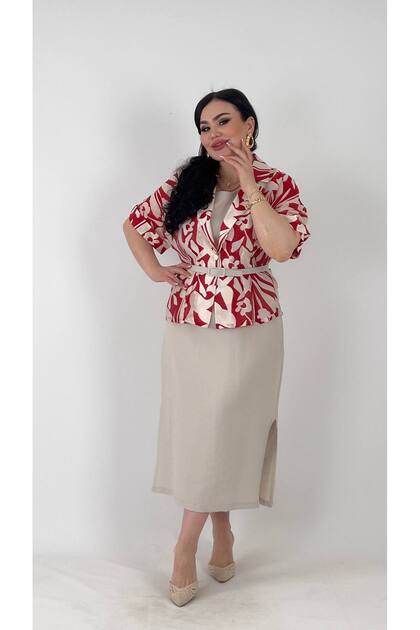 Women's Plus Size Dress Shirt Set Red
