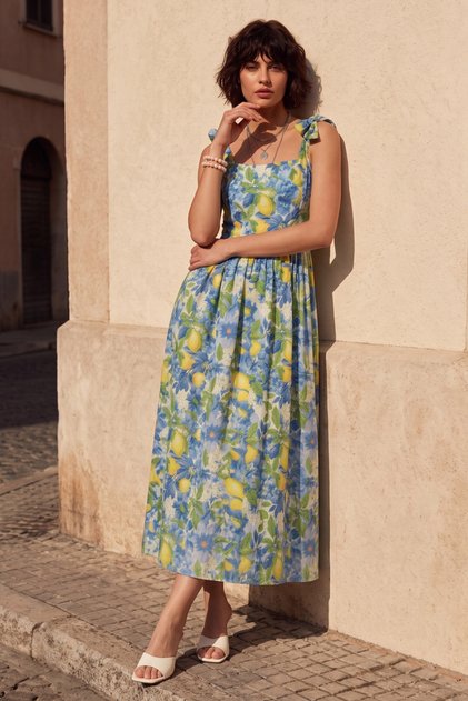 Women's Lemon Patterned Strappy Long Dress - Blue