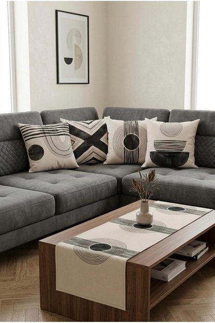 Basic Beige 4-Piece Throw Pillow Cover Set and 1 Runner
