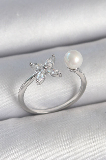 Brass Silver Color Zircon Stone Flower Model Pearl Detail Adjustable Women's Ring