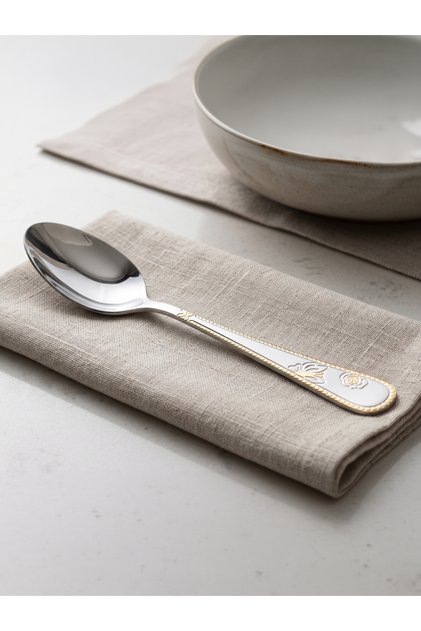 201 Stainless Steel Dinner Spoon Set (12Pcs-20Cm) - Embossed Pattern & Silver Color Table Spoon with Gold Trim
