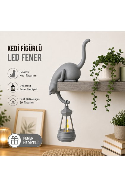 Dekoratif Kedi Figürlü Led Fenerli Raf Süsü