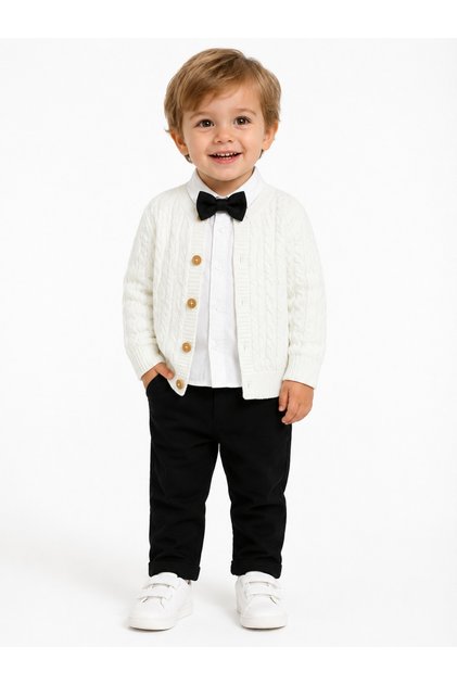 Boy's Knitwear Cardigan, Bow Tie, Shirt and Black Trousers 4-Piece Set 3030
