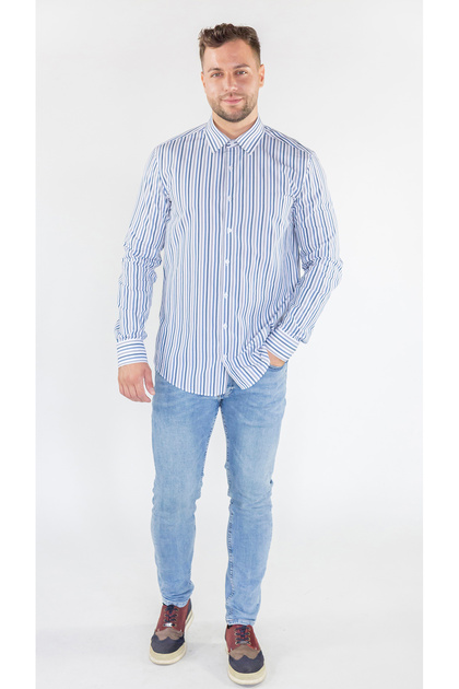 Camasa slim casual cu dungi albastre si gri
