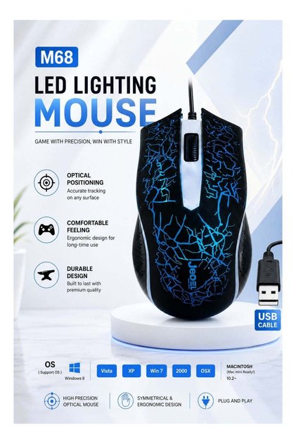 فأرة ألعاب USB عالية الدقة M68 | ماوس سلكي بإضاءة خلفية LED | تصميم مريح ومريح للاستخدام مع أجهزة الكمبيوتر المكتبية والمحمولة