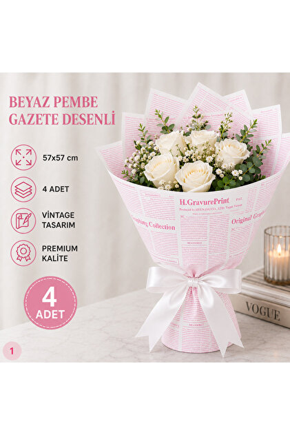 Beyaz Pembe İngilizce Gazete Desenli Buket Ambalaj Kağıdı 57x57 cm Çiçek ve Hediye Paketi 4 Adet