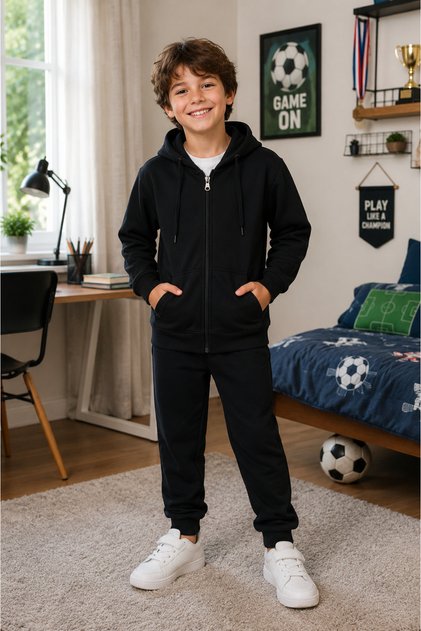 Boy's Black Hooded Zippered Hoodie Sweatshirt Cotton Basic Daily Seasonal Sports Cardigan