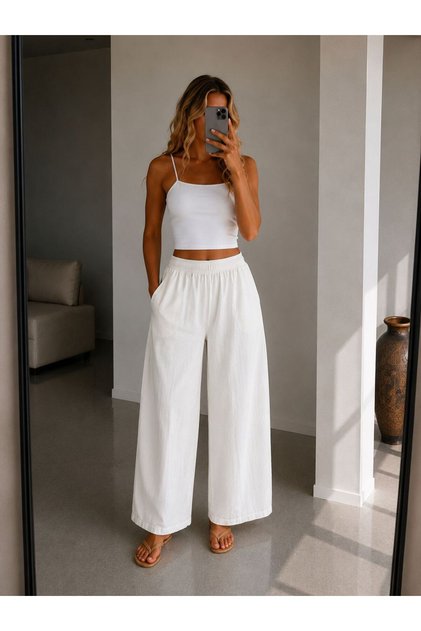 Kadın Beli Lastikli Bol Paça Gabardin Pantolon