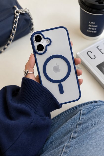 IPhone 16 MagSafe Şeffaf Mat Silikon Telefon Kılıfı – Darbe Emici Kamera Korumalı Lacivert Çerçeve