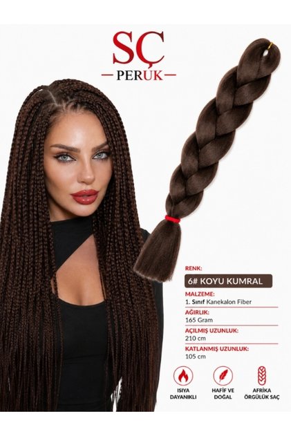 Afrika Örgülük Saç 6# KOYU KUMRAL 165 Gr Kanekalon Fiber Sentetik Örgü Saçı Box Braid Crochet Hair