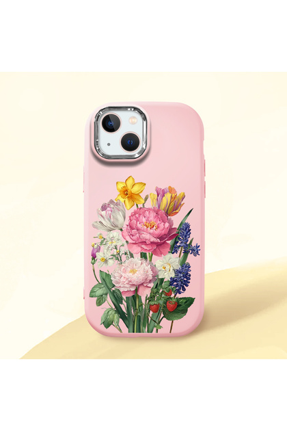 iPhone 13 Compatible Case Camera Protector Pink Silicone Couple Phone Case with Floral Pattern