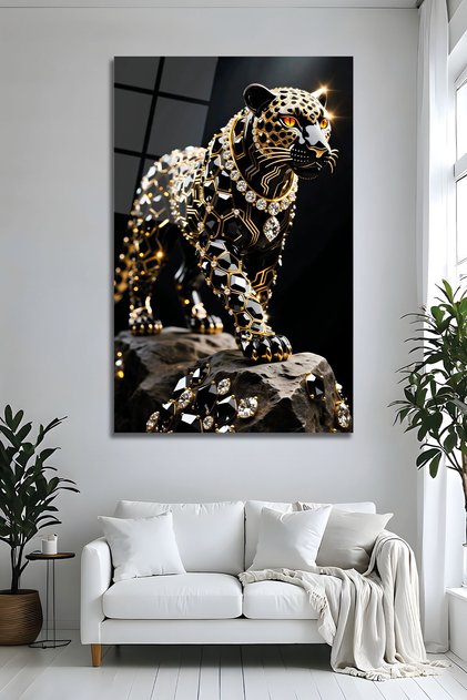 Siyah Gold Panter Cam Tablo Taş Detaylı Lüks Duvar Dekoru