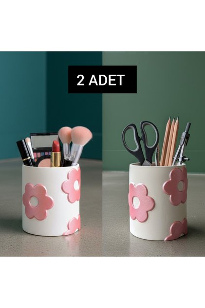 2 Adet el yapımı taş kabartma papatya desenli çok amaçlı makyaj organizer, kalemlik, mumluk, vazo 8.5 x 7.5cm