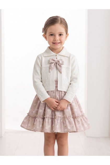 Girl's Bow Detailed Floral Patterned Dress and Cardigan Set