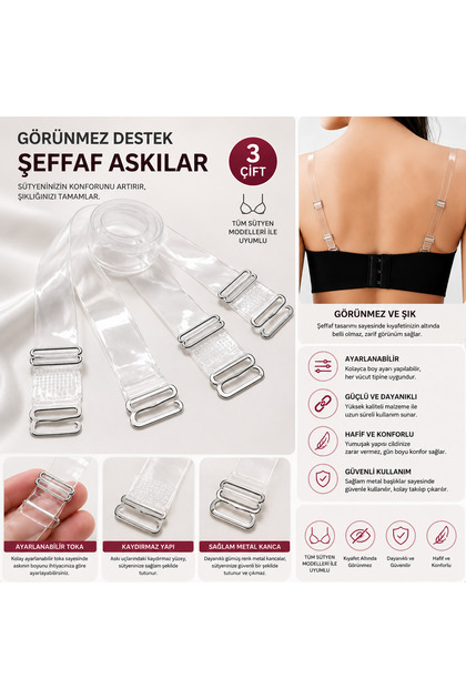 3 perechi de bretele transparente pentru sutien cu capete din fier