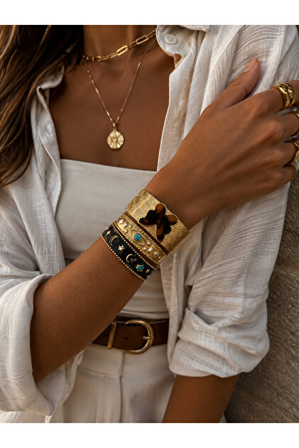 Premium Bohemian Gold 3-Piece Handcuff Bracelet Set | Women's Bracelet with Turquoise Stone and Enamel Detail
