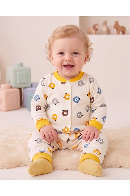 Baby Boy Teddy Bear Printed 100% Cotton 1-2-3 Years Old Snap Fastener Top and Bottom Seasonal Pajama Set