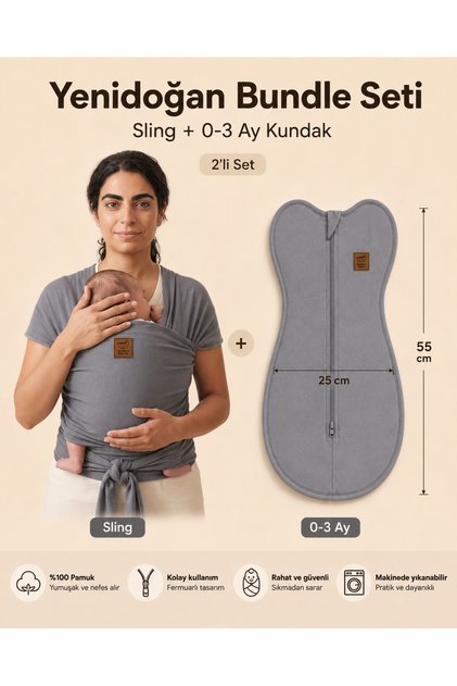 Yenidoğan Bundle Seti - Baby Sling + 0-3 Ay Fermuarlı Kundak