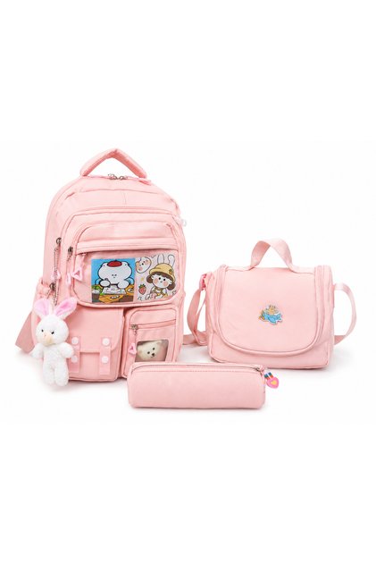 Korean Style Five-Compartment Lockable Orthopedic Bag with Rabbit Accessories, Pen Holder and Thermos, 3-Piece School Bag Set