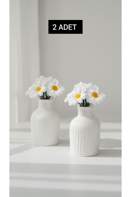 2 Adet el yapımı küçük boy taş vazoda yapay papatya 7' şer dallı yapay papatya 13 x 7cm