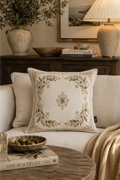 Toscana Olive Branch Flower Pattern Mediterranean Style Italian Style Vintage Beige Cream 1Pc Throw Pillow Cover Double Sided Throw Pillow Cover Digital Printing