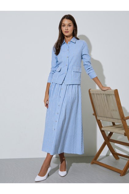 Blue Striped Button Details A-Line Midi Skirt
