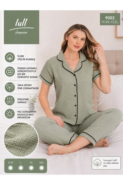 100% Muslin Fabric Buttoned Women's Pajama Set