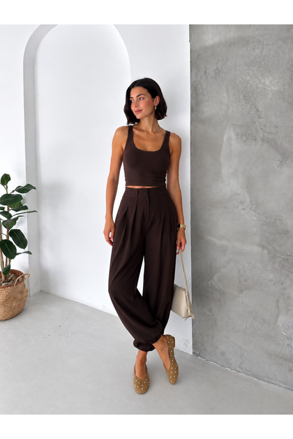 Women's Pleated Waist Elastic Cuff Harem Pants