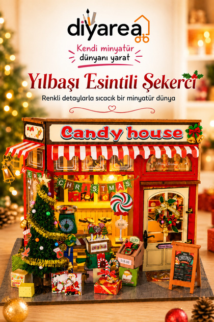 Yılbaşı Şekercisi LED Işıklı Minyatür Ahşap Maket Kiti – Kendin Yap 3D Puzzle Şeker Dükkânı Hobi Seti