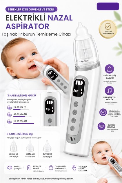 Elektrikli Bebek Burun Aspiratörü 3 Kademeli 3 Başlıklı Müzik Özellikli Güçlü Emiş Bebek Burun Temizleme Cihazı