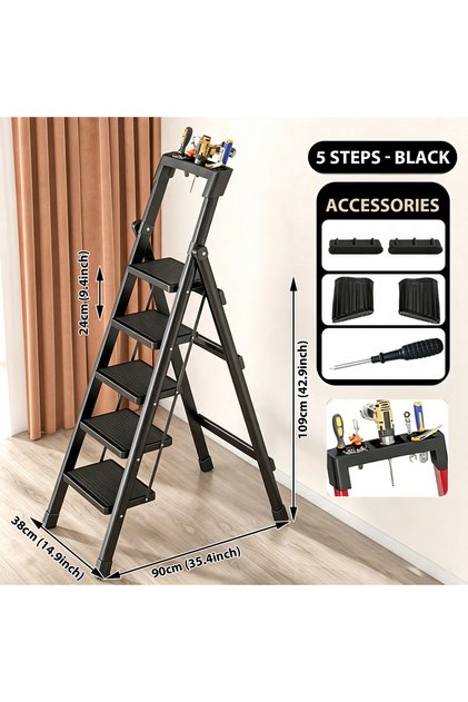 Stepladder, household folding ladder, carbon steel step ladder, with wide non-slip steps; space-saving folding ladder with tool tray, suitable for home use, the kitchen, and indoor repairs
