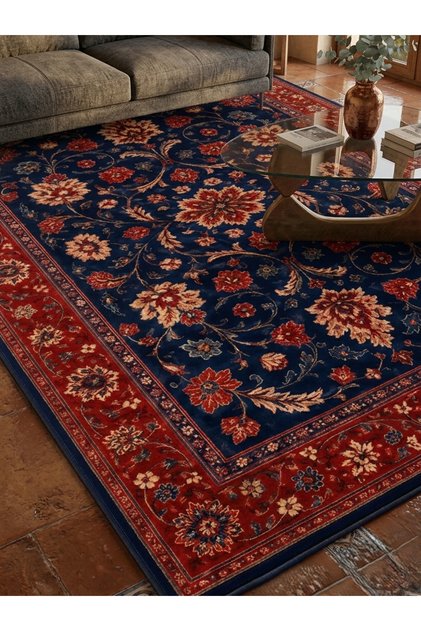 Dijital Baskı Oryantal Çiçek Desenli Vintage Halı – Lacivert Kırmızı Renkli Çiçek Motifli Salon Halı