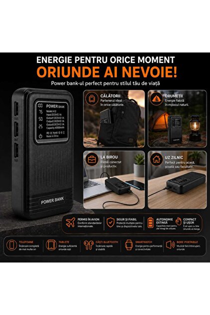 Power Bank A12, 40000mAh, 3x USB-A, Ψηφιακή Οθόνη, LED, Micro-USB, 5V/2.1A