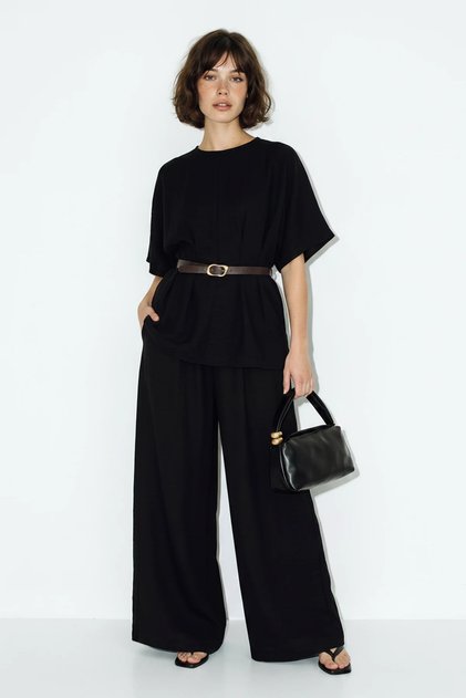 Women's Waist Belt Detailed Blouse Elastic Pocket Loose Trousers Pera Linen Black Suit