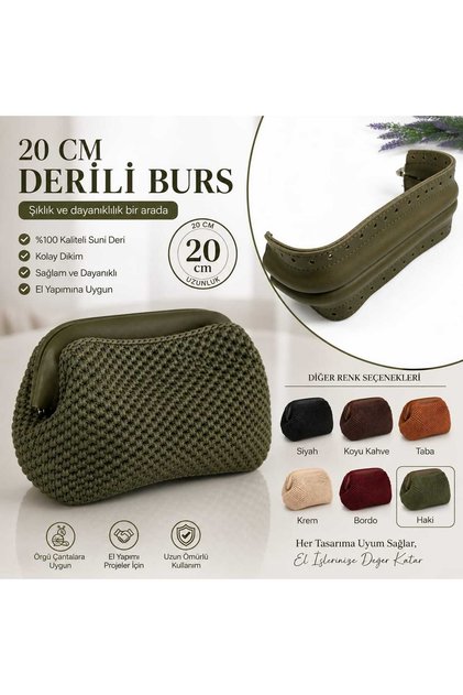 20 cm Derili Gizli Çanta Bursu – Örgü Çanta Yapımı İçin Deri Detaylı Metal Çanta Klipsi ve Çerçevesi