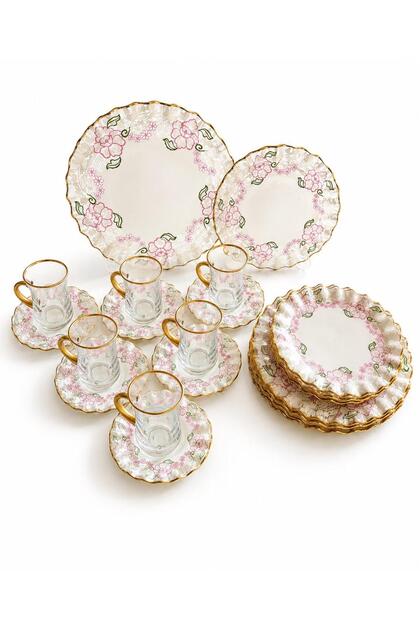 Pink Lace 24 Prç Breakfast Set with Handles.