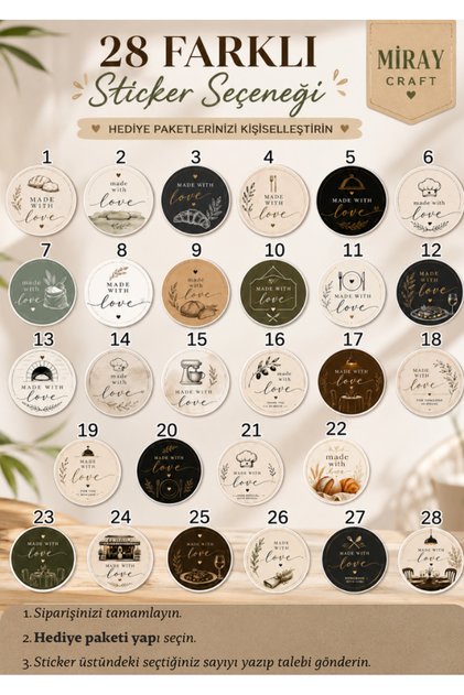 140 Pieces 3.5 cm Round Made with Love Stickers | Cafe, Bakery, Patisserie and Restaurant Packaging Labels 28 Different Designs