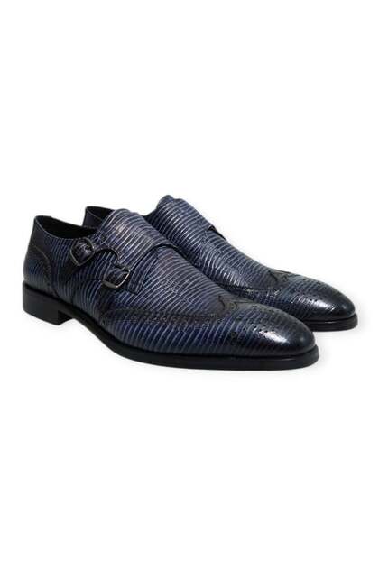 Dark Blue Color Laceless Genuine Leather Men's Shoes