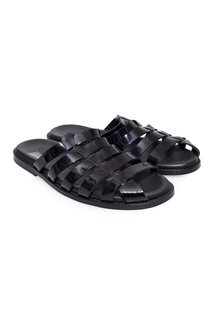Black Color Laceless Genuine Leather Men's Slippers