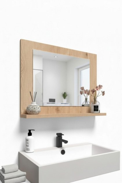 Banyo Rafı Aynalı Lavabo Aynası Banyo Aynası 60 x 45 cm Dresuar Aynası Duvar Aynası
