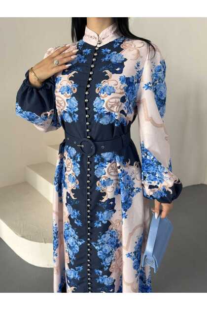 Rochie maxi din țesătură Saks Chokella pentru femei, cu guler mandarin și curea JEN26104