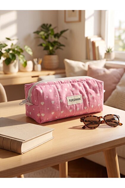 Large Size Zippered Pen Holder with Pink Heart Pattern – Multi-Purpose Fabric Pencil Case