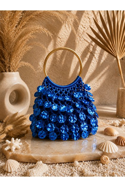 Handmade Design Mango Sequin Blue Color Evening Dress Bag Women's Hand Bag - Metallic Sequined Mini Hand Bag with Gold Ring Handle