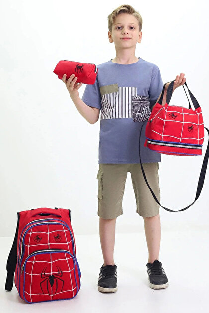 3-Piece Middle School Bag Set Primary School Bag Complete Lined Spider Red