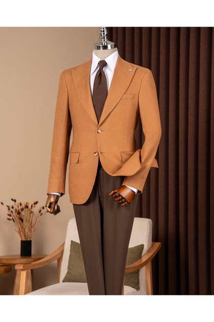 Slim Fit Men's Pointed Collar Linen Single Jacket Camel T20157-11