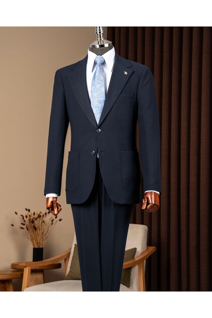 Slim Fit Men's Mono Collar Pocket Seersucker Fabric Jacket Pants Suit Navy Blue T20102-02